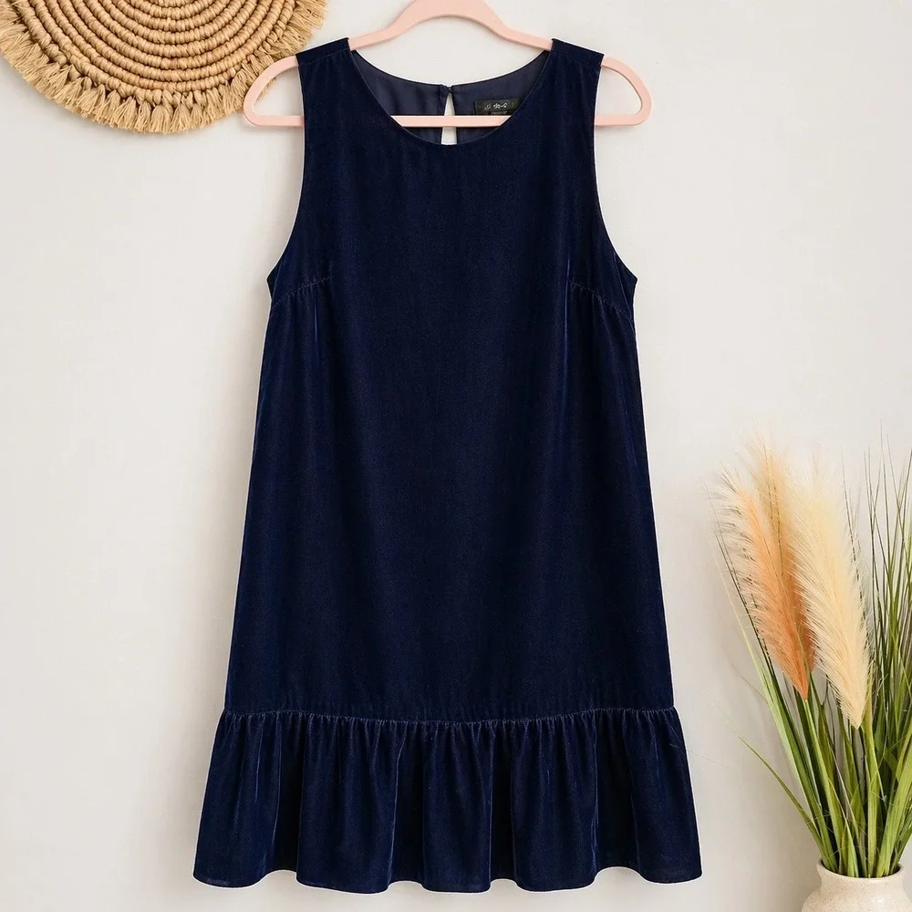 J. Crew NEW Navy Blue Velvet Sleeveless Ruffle Hem Party Shift Dress SZ 12 Retro
